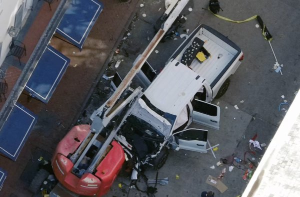 Truck after driving through the crowd and then crashing.